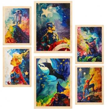 Set de 6 Pósters de Superhéroes con Ilustraciones para Decoración de Paredes - Tamaños A3 y A4, Sin Marco