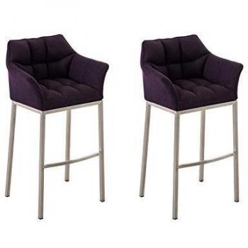 Set de 2 taburetes de bar Damaso en tela lila con base de 4 patas y respaldo acolchado en acero inoxidable