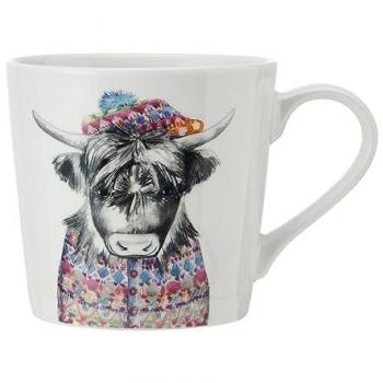 Taza de Porcelana Fina Mikasa Tipperleyhill con Estampado de Vaca de las Highlands, 380ml, Detalles en Oro Real, Ideal para Té y Café, Presentación en Caja de Regalo