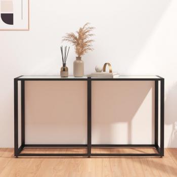 Mesa consola de vidrio templado 140x35x75,5cm transparente y negro con acabado en mármol blanco, ideal como mesa de sofá o mueble recibidor para salón