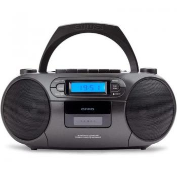 Aiwa BBTC-550BK Boombox Bluetooth 5.0, Lector de CD MP3, Cassette, USB, Radio FM, 6W RMS, Color Negro