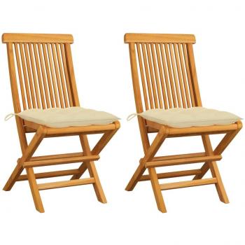 Sillas de jardín 2 uds madera de teca con cojines blanco crema