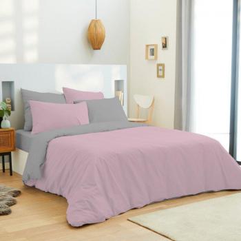 Pack completo de 6 piezas de funda nórdica y sábanas en algodón 57 hilos/cm², reversible Rosa y Gris para cama de 140 x 190 cm