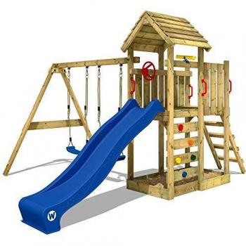 Parque Infantil MultiFlyer de Wickey con Techo de Madera, Balanza y Tobogán, Estructura de Escalada con Arena y Accesorios para Jardín