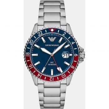 Emporio Armani Reloj de Hombre AR11590 GMT Dual de Acero Inoxidable, Color Plateado, Movimiento Cuarzo/Dual Time