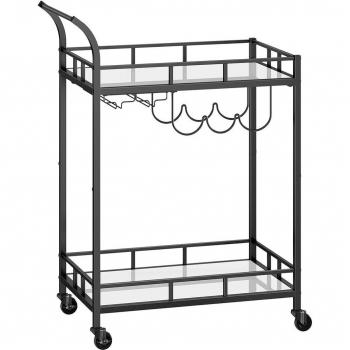 Carro de Bebidas con Botellero, Carrito de Bar con 2 Estantes de Espejo, Portavinos y Portavasos, Ideal para Casa, Cocina, Comedor, Dorado o Negro