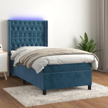 Cama blanda box spring con colchón y LED azul oscuro 90x190 cm en terciopelo