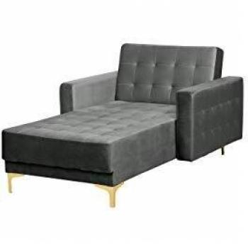 Chaise Lounge Reclinable de Terciopelo Gris Acolchado con Patas Doradas y Brazos Rectos Aberdeen