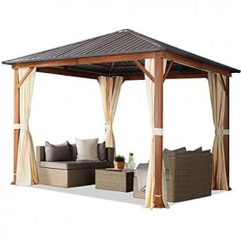 Cenador de jardín TOOLPORT Forest Superior 3x3 m, aspecto madera roble, techo sólido, 4 cortinas en champán