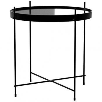 Mesa auxiliar de metal negro con diseño redondo y superficie de vidrio
