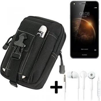 Bolsa del cinturón / funda para Huawei Y6 II Compact, negro + auriculares | compartimientos adicionales con el espacio para el banco de la energía, disco duro, etc. - K-S-Trade