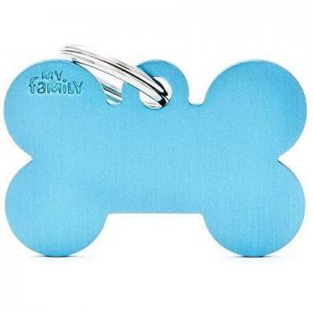 Medallita Personalizable para Perro en Forma de Hueso Grande de Aluminio Azul Claro, Colección Basic, 38x25 mm