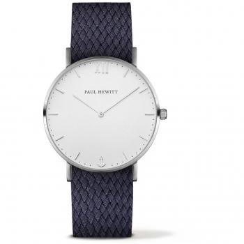 Reloj Paul Hewitt Unisex PH-SA-SSTW17M (39mm) - Caja de acero inoxidable, correa de cuero genuino, resistencia al agua hasta 5 ATM, esfera blanca con índices dorados, movimiento de cuar