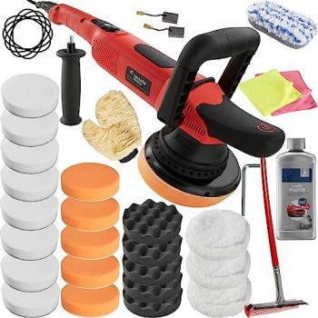 Pulidora excéntrica Tectake K7250B - máquina pulidora orbital manual, diseño delgado con buena distribución del peso, velocidad regulable digitalmente, ideal para pulir, encerar y abrillantar, incluye set de