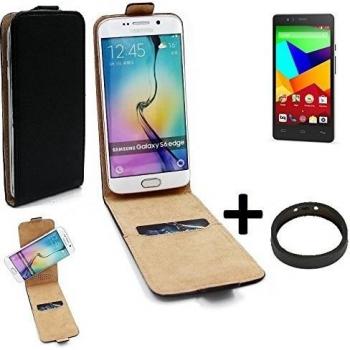 TOP SET: Caso Smartphone para BQ Aquaris E5 LTE cubierta del estilo del tirón 360°, negro + anillo protector, cubierta del tirón - K-S-Trade