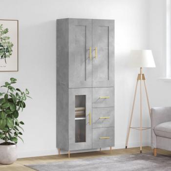 Aparador Alto Moderno de Madera Contrachapada en Gris Cemento 69,5x34x180 cm con 1 Puerta de Cristal y 3 Cajones