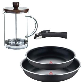 Juego de 2 Sartenes Click&Cook Ø22Ø26cm Aluminio Prensado Negro con Mango Desmontable + Delantal de Cocina Gris Oscuro 100% Algodón + Cafetera de Émbolo de Vid