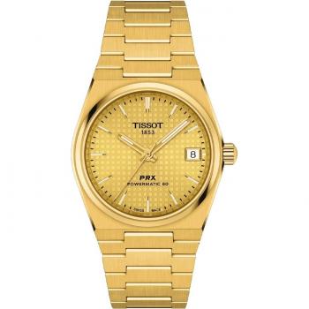 Tissot PRX Powermatic 80 35mm Unisex Watch Gold, Automatic Movement, Stainless Steel Case, Gold PVD Coating, Sapphire Crystal, Water Resistant up to 100 meters, Date Function, Leather Strap