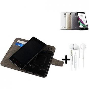 TOP SET: Funda para el LG Electronics G4c + auriculares, Walletcase hecho de cuero sintético en negro, monocromático y simple. Bolsillo para el teléfono móvil con ranuras para tarjetas de crédito y la función del soporte. BookStyle bisagras de la ma