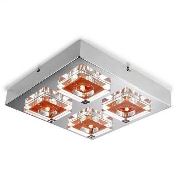 Plafón LUNNE 4 focos naranja con diseño cromado y cristal transparente