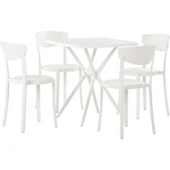 Conjunto de comedor de jardín blanco sintético con 4 sillas apilables y mesa cuadrada ligera de plástico