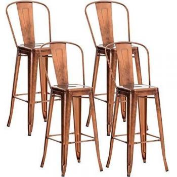 Set de 4 Taburetes de Bar Aiden en Metal Cobre con Respaldo Alto y Apoyapiés