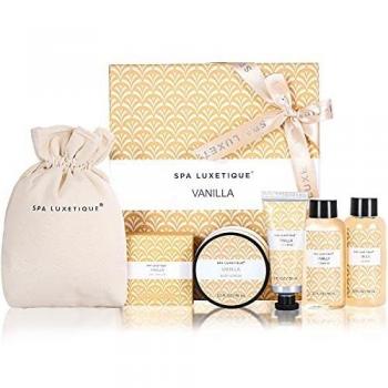 Spa Luxetique Spa Gift Set, Bath Sets for Women Gifts, 6pcs Vanilla Bath Gift Set, Travel Gift Box with Hand Cream, Body Lotion, Shower Gel, Bubble Bath, Gift Sets for Her, Gifts for Women