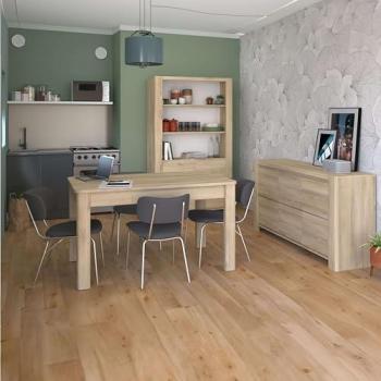 Pack Muebles de Salón Comedor Estilo Natural con Mesa, Aparador y Vitrina en Color Roble Kronberg