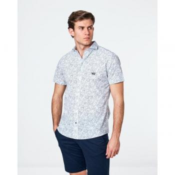 Camisa manga corta de hombre Seersucker slim estampado fantasía hojas marino