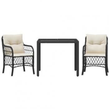 3-Piece Black Poly Rattan Bistro Set with Cushions