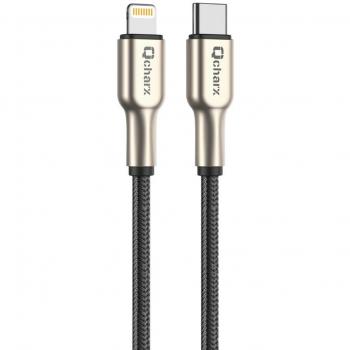 Cable Qcharx New York Tipo C a Lightning 3A - 1 metro - Zinc Metálico Cordón Plateado Blindado