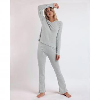Pijama Largo de Mujer de Algodón en Color Morado y Gris con Manga Larga y Pico Soft Canalé - Admas 2024
