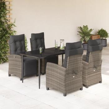 5-Piece Grey Poly Rattan Garden Dining Set with Cushions