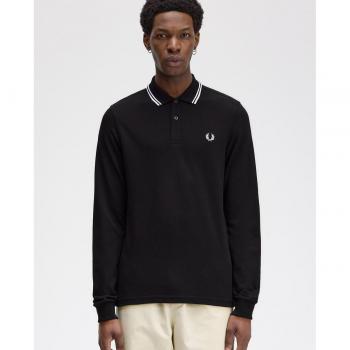 Polo de Hombre Fred Perry M3636 de Manga Larga con Ribetes en Color Negro - Talla XXL - 100% Algodón