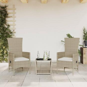 Set de comedor de jardín 3 piezas con cojines de polyrattan beige