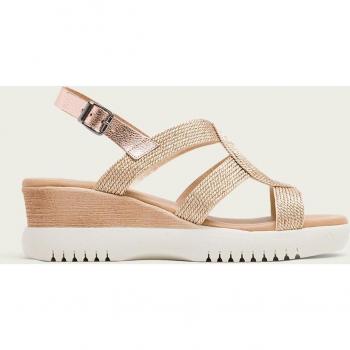 Sandalias de cuña de tejido y piel para mujer