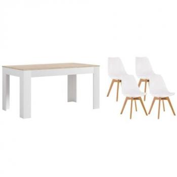 Pack Mesa Extensible de Comedor o Cocina Blanco y Cambria + 4 Sillas Nórdicas Blancas