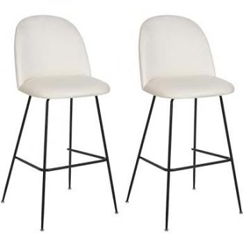 Conjunto de 2 sillas de bar tapizadas en terciopelo blanco crema con marco de acero negro, altura del mostrador, diseño moderno