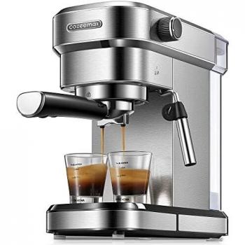 Cozeemax Máquina de Café Cafetera Espresso 1350Watt , con Boquilla de Vapo, para 1-2 Cafés, Depósito de Agua de 1,1 Litros, 15bar, Acero inoxidable
