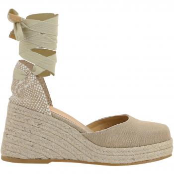 Alpargatas de cuña Castañer Tina en algodón beige con lazada y acabado lavado