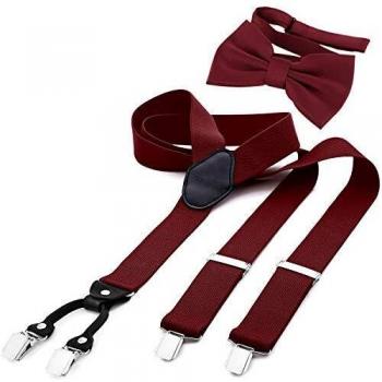 DonDon Tirantes para hombres ancho 3,5 cm en forma de Y, elásticos y ajustables en paquete de 2 con pajaritas adecuada 12 x 6 cm - Rojo oscuro