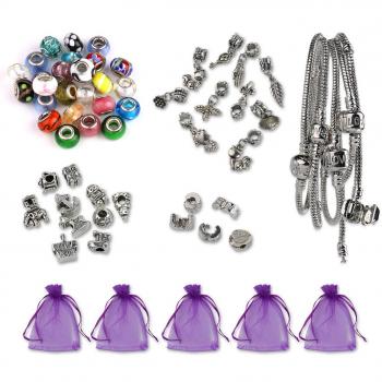 Luxbon Conjunto de Abalorios para Hacer Pulsera DIY Regalo Incluye 25 Charms Cristal de Murano, 5 pulseras, 10 encantos tibetanos, 10 colgantes, 5 clips, 5 bolsas de organza