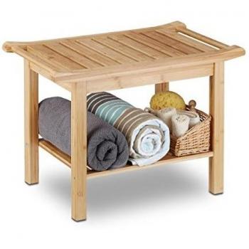 Taburete de Baño de Bambú con Balda, Color Marrón Natural, Dimensiones 45 x 66 x 40 cm - Relaxdays