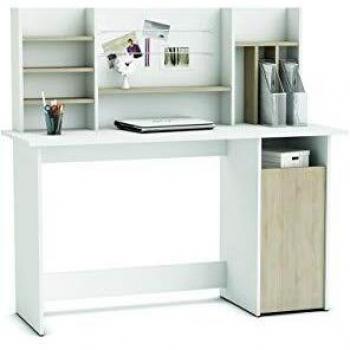 Mesa de Ordenador Escritorio con altillo 135cm, color Blanco y Roble, ideal para habitación Juvenil, Estudio o despacho
