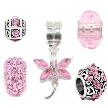 Juego de 5 charms de plata de color rosa para pulseras con charms de estilo Pandora Troll Chamilia, Truly Charming