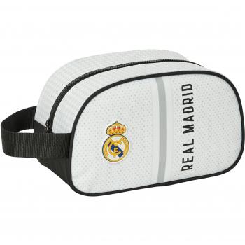Neceser de Viaje Real Madrid C.F. Blanco Gris Deportivo 26 x 15 x 12 cm con asa adaptada para carro, diseño de la primera equipación 24/25
