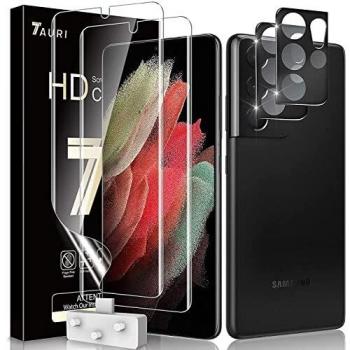 TAURI 4 Pack TPU Protector de Pantalla Samsung Galaxy S21 Ultra y 2 Pack HD Película de TPU y 2 Pack Cámara Cristal Templado Vidrio Templado - Sin Burbujas Dureza 9H Kit Fácil instalación