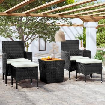 5-Piece Black Poly Rattan & Solid Acacia Wood Garden Bistro Set