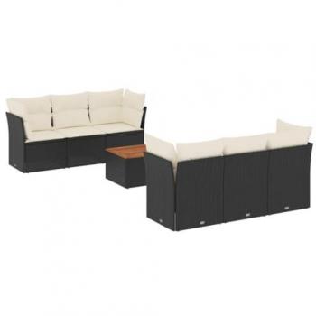 7-Piece Black Poly Rattan Garden Sofa Set with Cushions