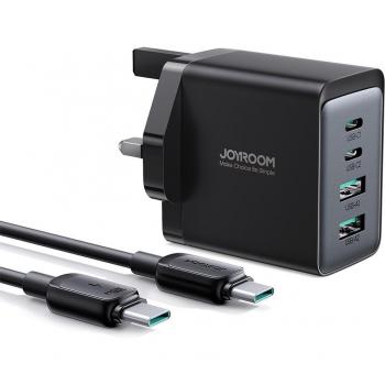 Cargador Rápido GaN 67W Joyroom TCG02 con 2 Puertos USB-C y 2 Puertos USB-A, Incluye Cable USB-C, Enchufe UK, Color Negro